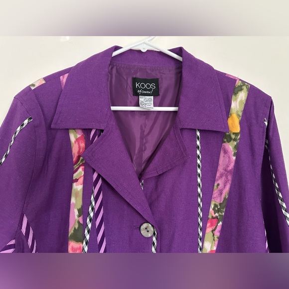 Koos of Course Purple Linen Blend Floral Striped Checker Silk Ribbon Blazer - Picture 5 of 8